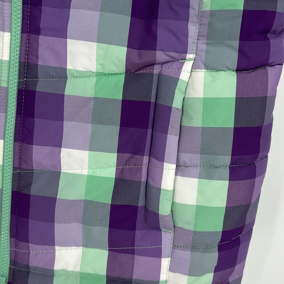 The North Face Girl's Reversible Plaid Puffer Vest Purple Mint White - Picture 6 of 11